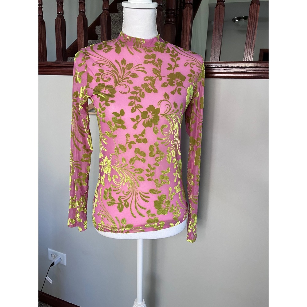 Turquoise Haven Pink Velvet Burnout Mesh Top Floral Mock Neck Long Sleeve S